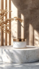 Elegant Skincare Product Displayed on a Marble Pedestal with Dry Plants