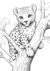 A leopard climbing on a tree trunk coloring page.