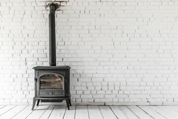 A dark grey wood-burning stove stands against a whitewashed brick wall, its metal pipe extending upwards.  Whitewashed wood flooring is visible at the base