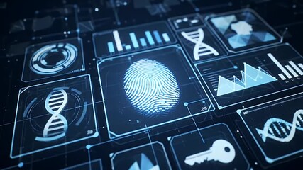 Futuristic Biometric Interface with Glowing Blue Icons Including DNA Fingerprint Digital Profile and Charts Ideal for Technology and Security Themes - Powered by Adobe