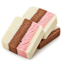 Neapolitan ice cream slices in glass pan showing vanilla chocolate and strawberry stripes isolated on white background