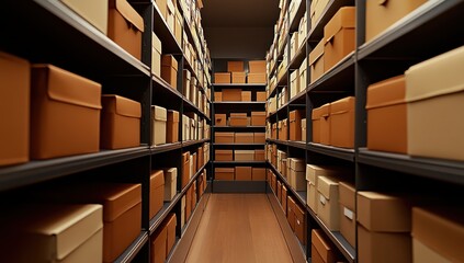 A long narrow storage room filled with uniformly sized cardboard boxes on dark metal shelving, lit by a soft overhead light