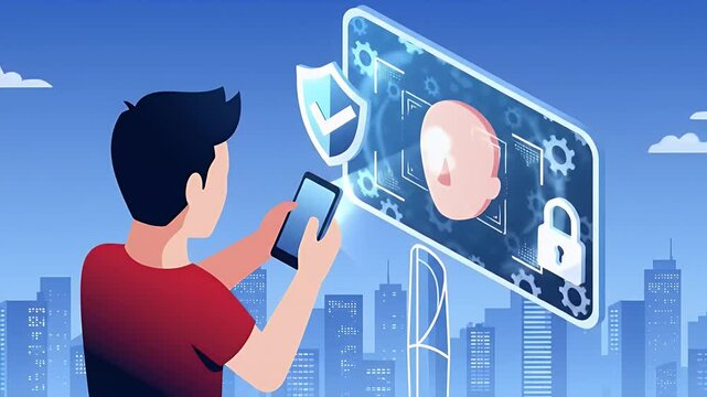 Animated Face Scan Via Smartphone with Futuristic City Background Representing Digital Security and Privacy
