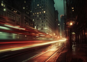 A long-exposure shot of a city street at night, showcasing a blurred, red tram traversing through rain-slicked streets, past towering buildings with illuminated windows. 
