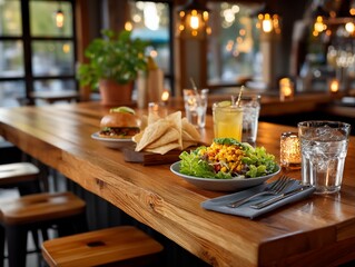 Restaurant table laden with food and beverages
