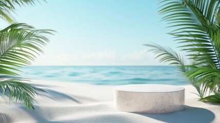 Minimalist Podium on a Serene White Sand Beach Surrounded by Lush Green Palm Leaves