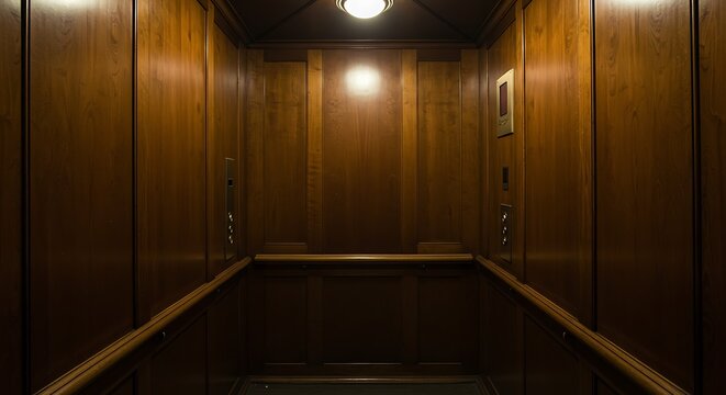 Interior inside a closed clean old Soviet elevator car lined with wood.