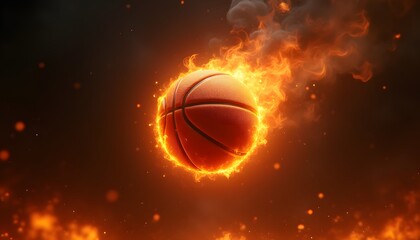 Fototapeta premium Fiery basketball breaking through black smoke