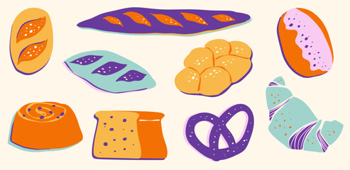 Doodle Breakfast Bread, Bakery, Bakery Logo, bakery shop, Bread, hand drawn food, sourdough, baguette, white bread, challah, boule, pastry in SVG Vector	
