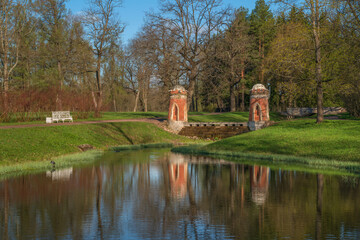 View of the Turkish (Red) cascade on the Upper Ponds in the Catherine Park of Tsarskoye Selo on a...