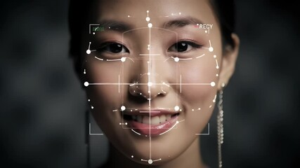 Close up of Woman Face with Futuristic Facial Recognition Scan Interface in Dark Background for Security Identity and Biometric Technology - Powered by Adobe