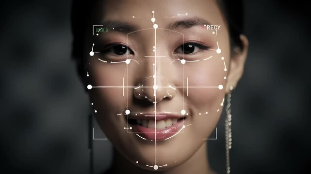 Close up of Woman Face with Futuristic Facial Recognition Scan Interface in Dark Background for Security Identity and Biometric Technology - Powered by Adobe