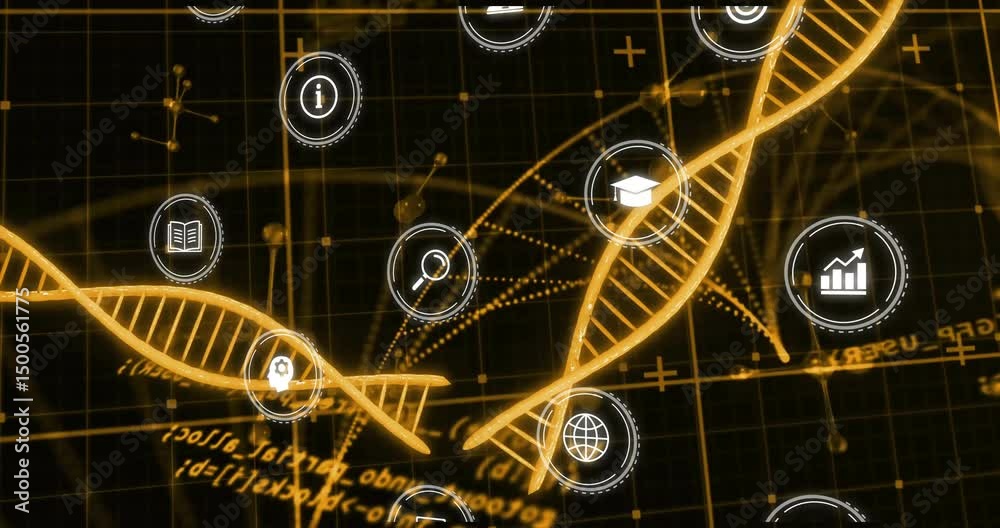 Poster on sequence start dna helix rotating and drifting while icons orbiting forming data network
