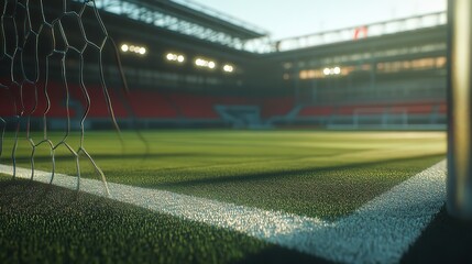 Soccer Field Goal Net Stadium Green Grass Sunlight 3d day game view match arena pitch lines image   
