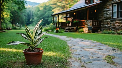 Rustic home in the woods, with a unique plant in a pot
