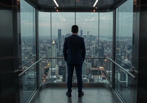 Photo Of Businessman Standing In Elevator Overlooking City Skyline