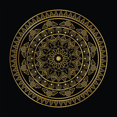 Golden Mandala Art with Floral Motifs and Geometric Patterns on a Black Background