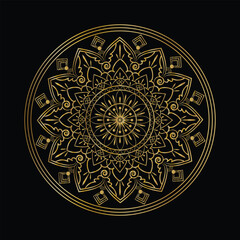 Golden Intricate Mandala Design on Black Background Floral and Geometric Shapes in Circular Pattern