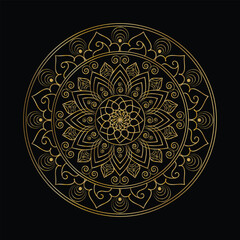 Golden Mandala Design on Black Background Intricate Floral Pattern, Geometric Symmetry, Decorative Art