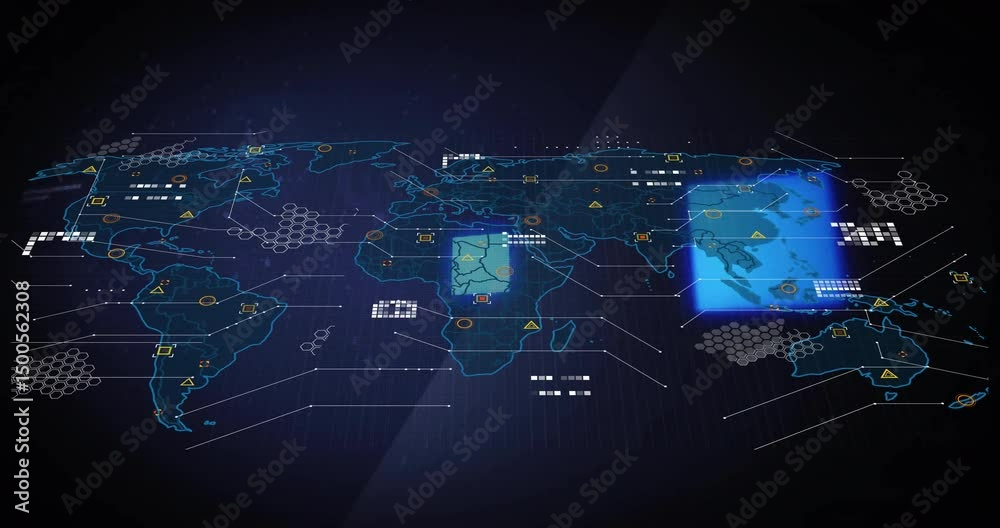 Poster opening void showing digital map outline highlighting hex grids connecting to global data network