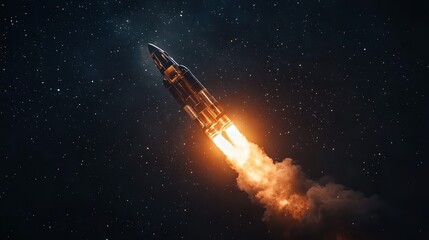Powerful Rocket Launch into Space Starry Night Cosmic Exploration Adventure Flight fire dark stars  