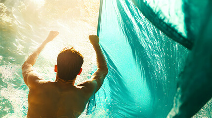 A sun-drenched surfer celebrates a victorious ride on a turquoise wave