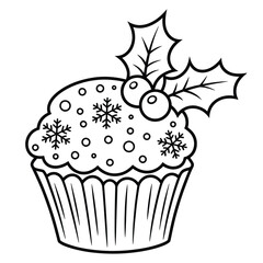 Christmas Cupcake with Holly and Snowflakes Black and White Outline