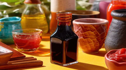 Mini glass bottle with dark soy sauce surrounded by various colorful condiment containers on yellow surface
