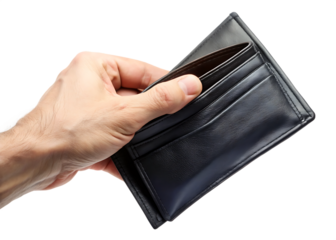 Sleek black leather wallet with fine stitching and minimalist design, ideal for fashion, branding or product display, isolated on transparent background