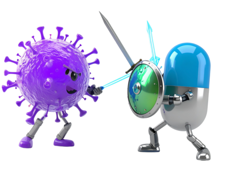 Cute 3D armored medicine guardian with holographic sword versus monster microbe – isolated on transparent background PNG