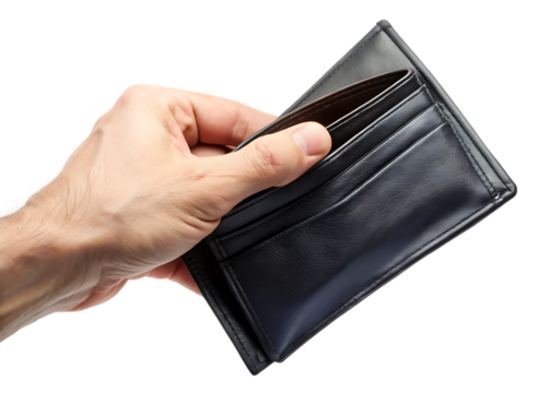 Sleek black leather wallet with fine stitching and minimalist design, ideal for fashion, branding or product display, isolated on transparent background