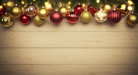 Naklejka premium Photo of Christmas Ornaments and Garland with Wooden Background