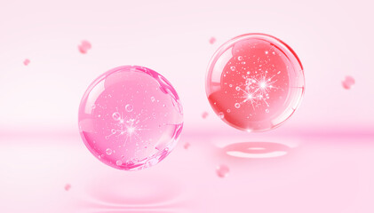 Close-up image of clear serum drops on a glossy pink background, ideal for beauty and skincare themes.