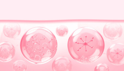 Drops pink serum, cream, and lotion drop into skin cells for UV protection, Ultraviolet shield reflection. repair skin care concept