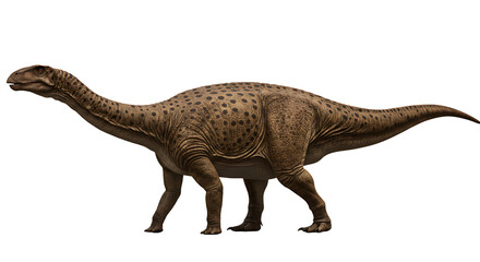 Brown spotted dinosaur with long neck and tail walking on four legs