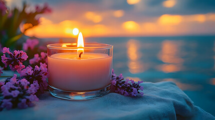 Candlelit moment of serenity, surrounded by floral scents with golden sunset hues