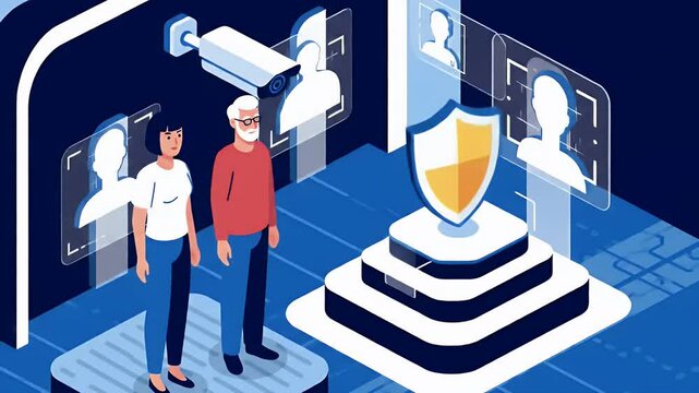 Isometric Animation of Facial Recognition Access with Diverse Characters and Digital Blue Background for Security and Modern Technology Themes