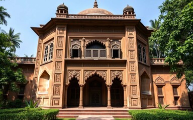 Fototapeta premium Historic Mughal-era architecture in Sonargaon, Bangladesh, featuring detailed terracotta designs amidst verdant surroundings. Captures cultural heritage without any text or signage.