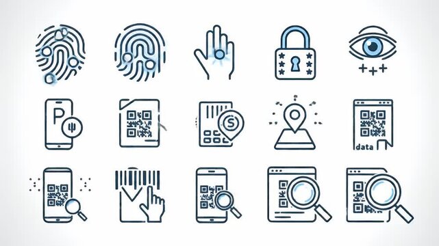 Minimalist Line Icons Featuring Fingerprint Scanning and QR Code Technology on White Background