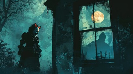 A sinister clown stands outside a haunted house, illuminated by a full moon.