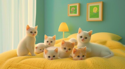 A cozy scene featuring playful kittens on a bright yellow bedspread in a cheerful room.