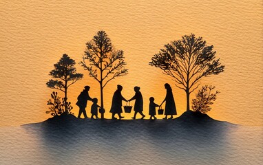 Silhouette family stroll at sunset