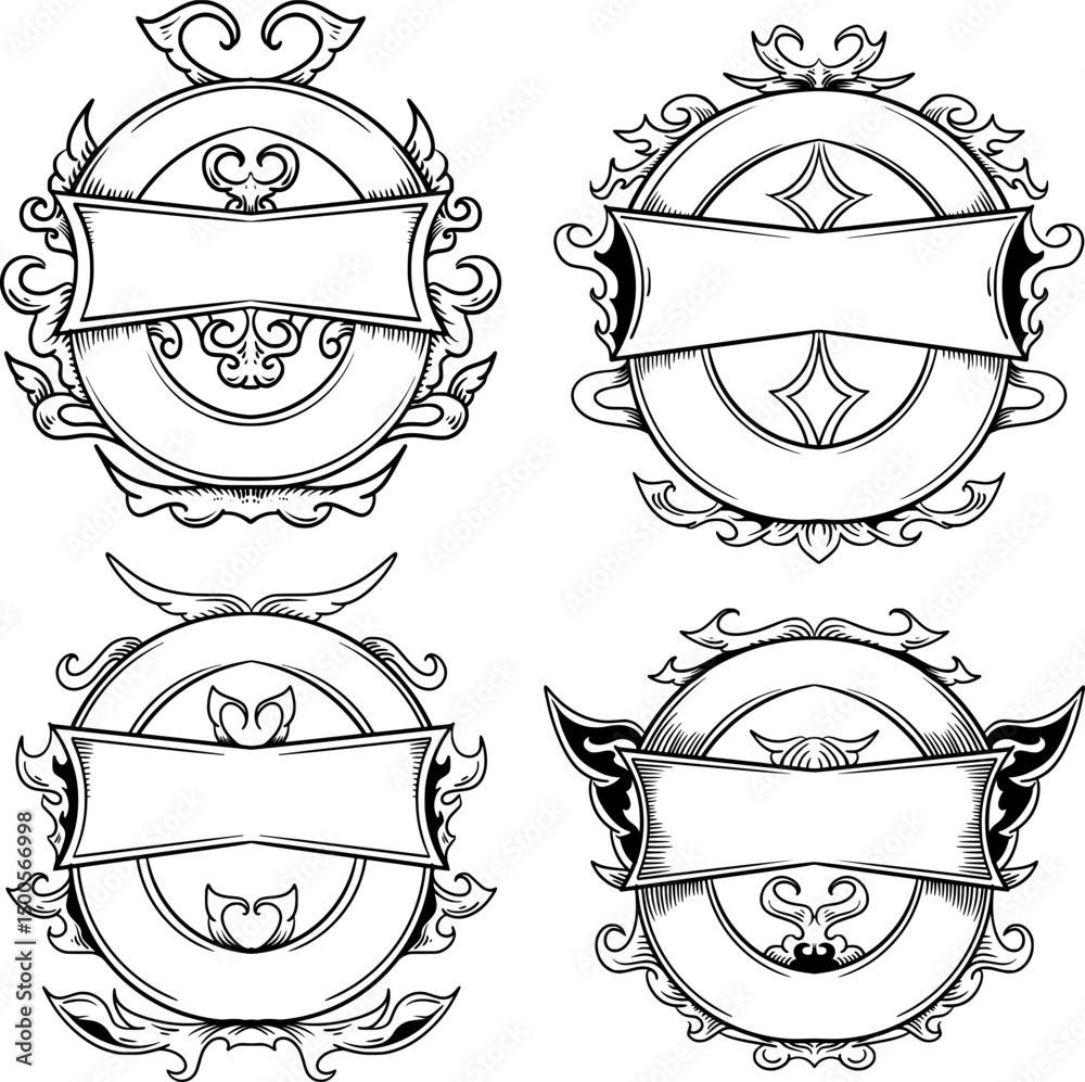 Fototapete Four badge or emblem designs with different styles, each design has a blank space to add text.