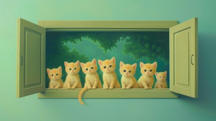 A whimsical scene of seven cute orange kittens peeking out from a window surrounded by greenery.