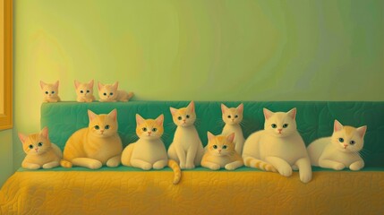 A cozy scene featuring a group of playful cats on a colorful couch.