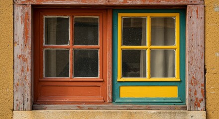 Photo Of Colorful Wooden Window Frames With Weathered Paint And Textured Wall