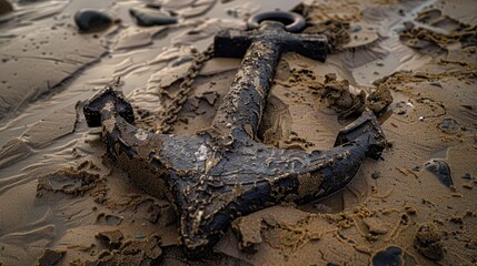 An anchor partially buried in sandy beach, surrounded by wet sand and pebbles.