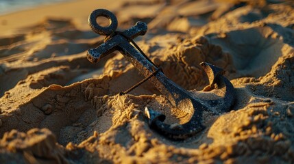 A weathered anchor resting on sandy beach, symbolizing maritime history and exploration.