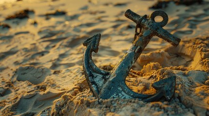 A weathered anchor resting on sandy beach at sunset, symbolizing maritime history.