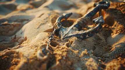 An anchor partially buried in sandy beach, illuminated by soft sunlight.